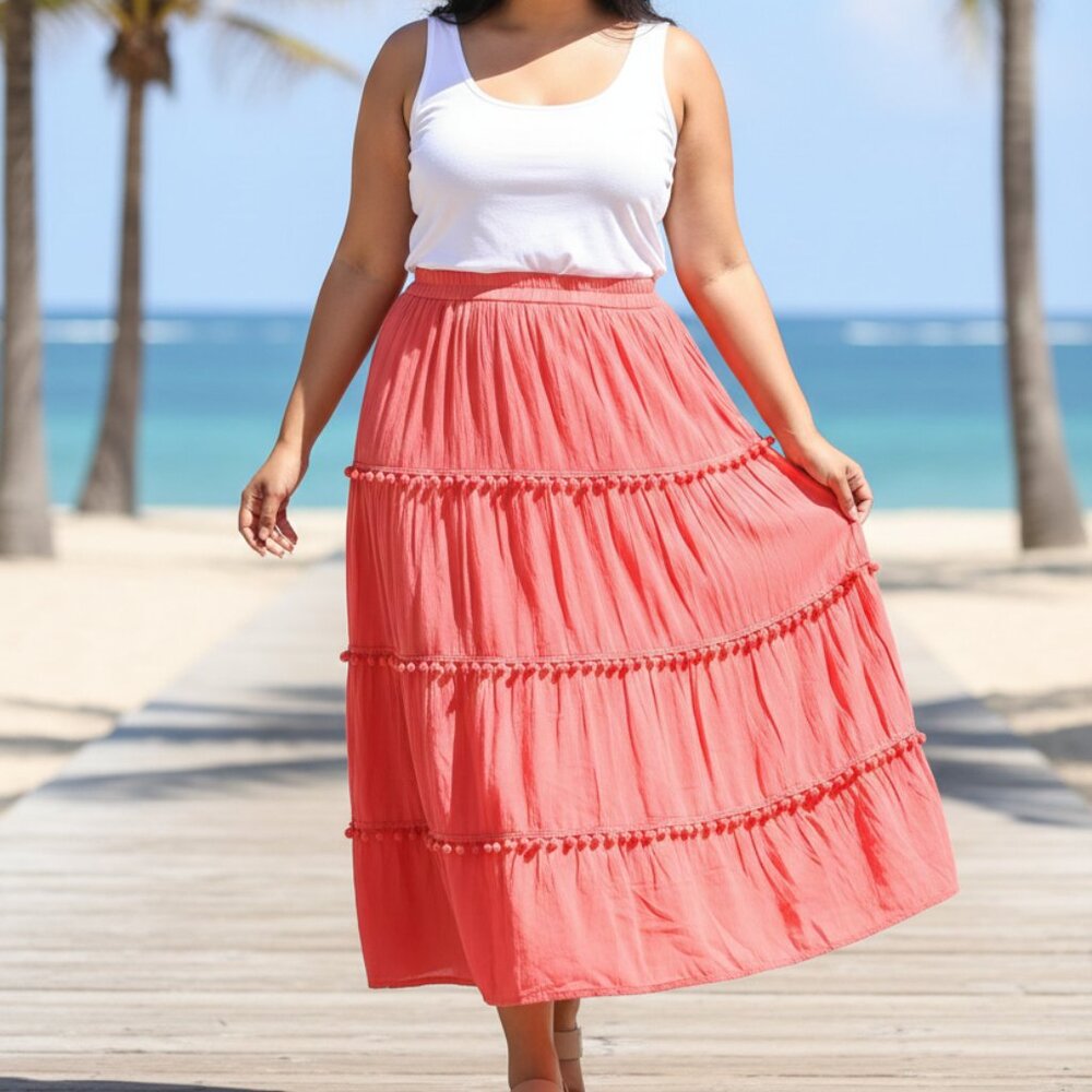 Pink Tiered Midi Maxi Pull On Skirt 1X Pom-Poms Beach Renfaire Boho Tropical